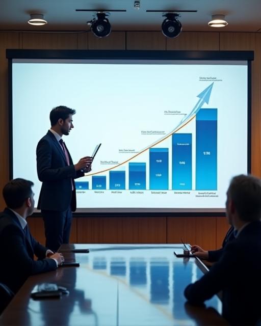 A professional presenting a growth chart in a boardroom.